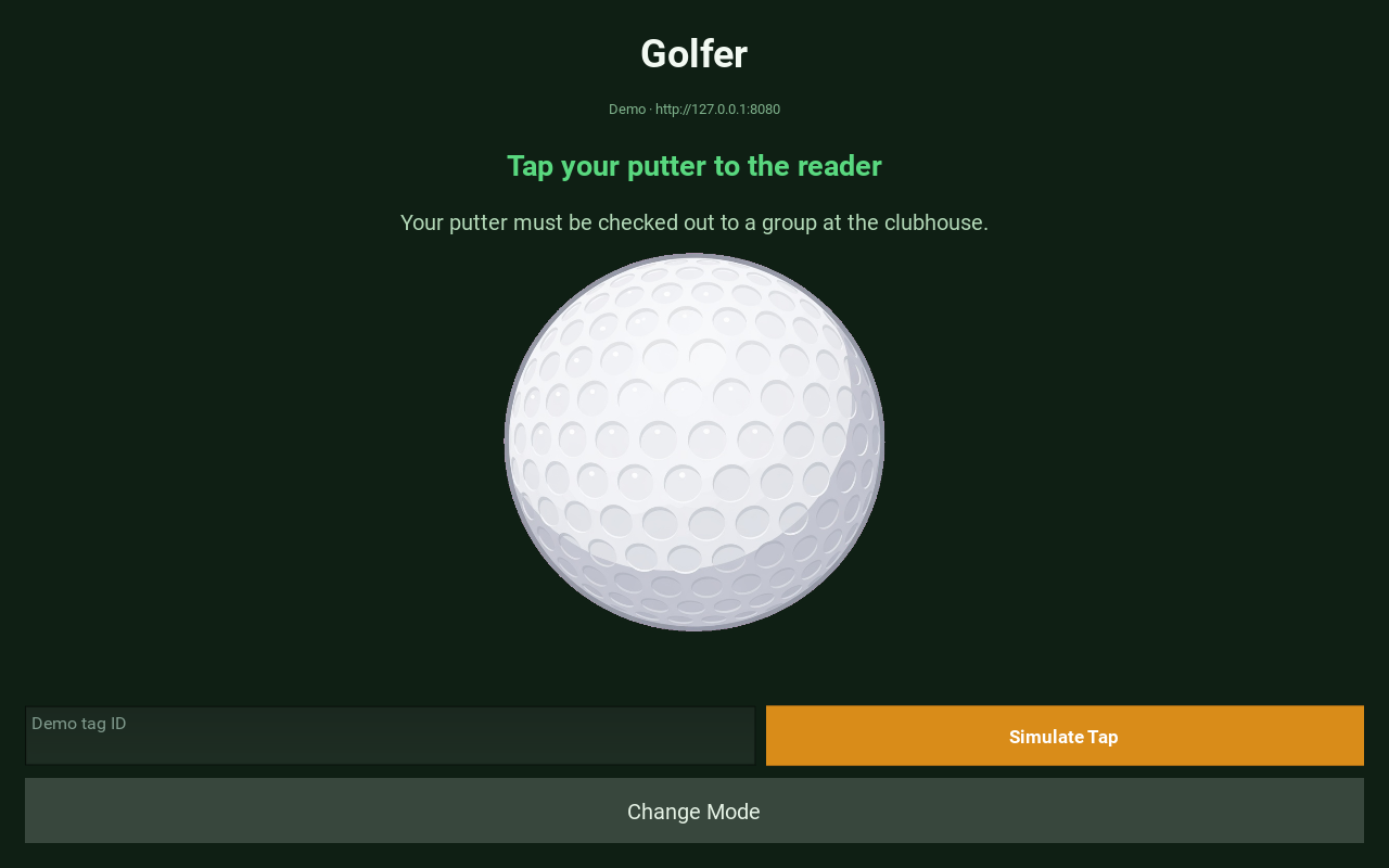 Golfer home on a landscape tablet — tap putter prompt