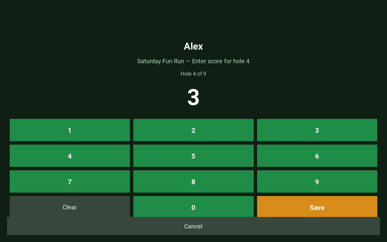 Score entry for Alex on hole 4 of Saturday Fun Run